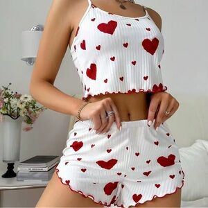 Women's White and Red Heart Pajama Set